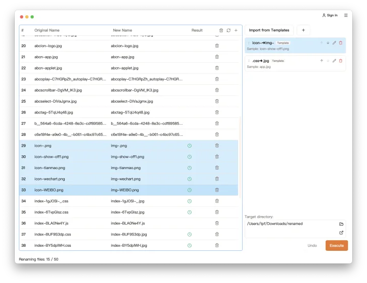SmartBatchRenamer file list for dragging files and bulk renaming multiple filenames